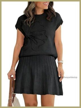 Women's 2 Piece Knit Skirt Set Short Sleeve Top Pleated Mini Skirt Outfit